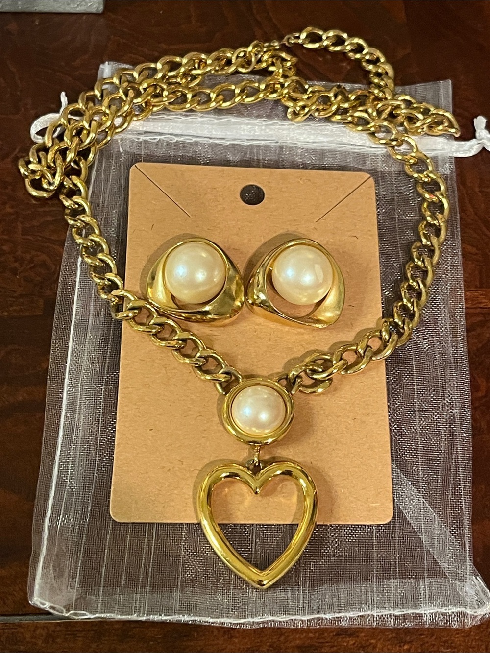 Monet Gold-Tone Heart Pendant Necklace with Faux Pearls and Clip-On Earrings